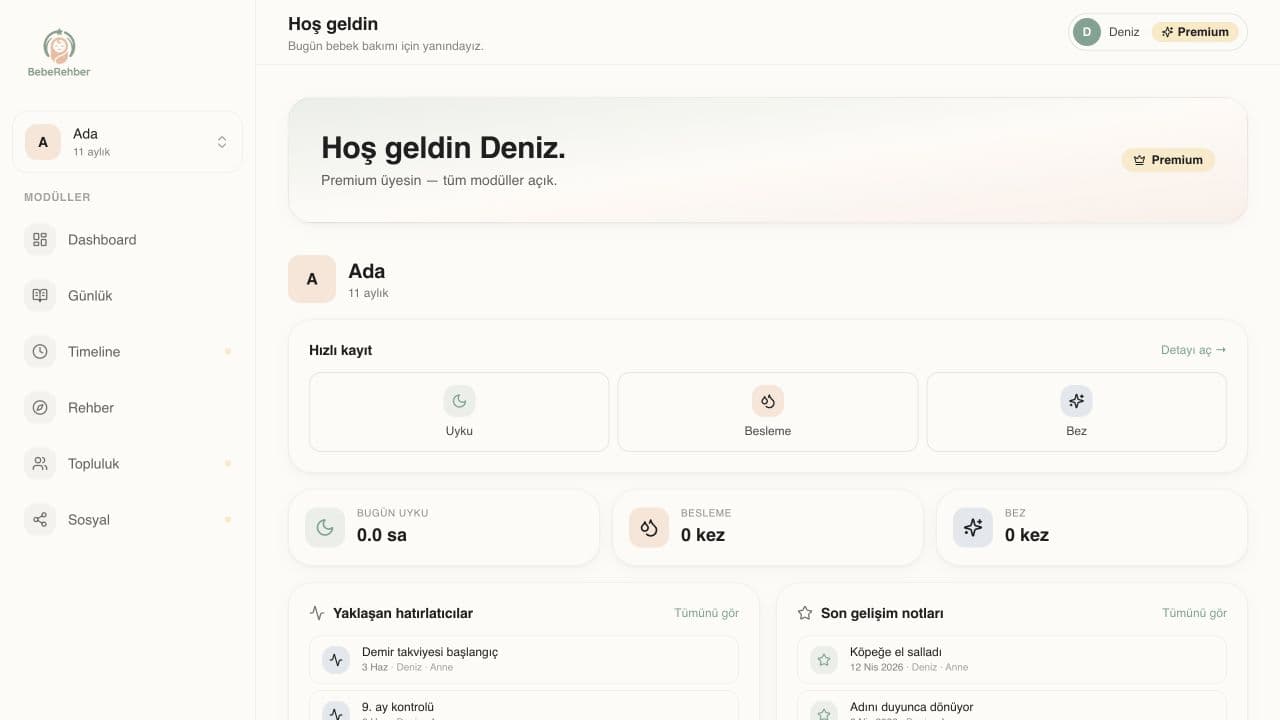 BebeRehber web uygulamasının bakım takibi ve günlük özet paneli